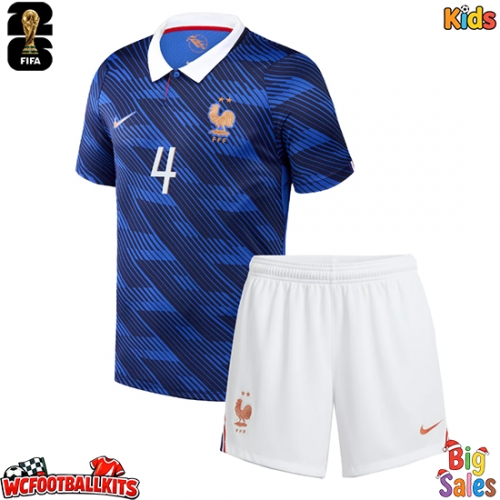 France Dayot Upamecano #4 Replica Home Stadium Kit for Kids World Cup 2026 Short Sleeve (+ pants)